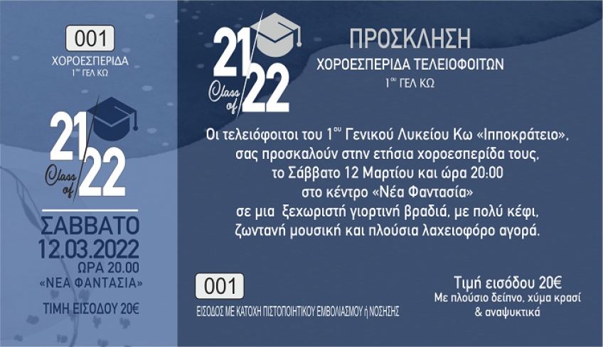 Χοροεσπερίδα 1ου Γενικού Λυκείου Κω ΄΄Ιπποκράτειο΄΄ στις 12 Μαρτίου στην «Νέα Φαντασία»