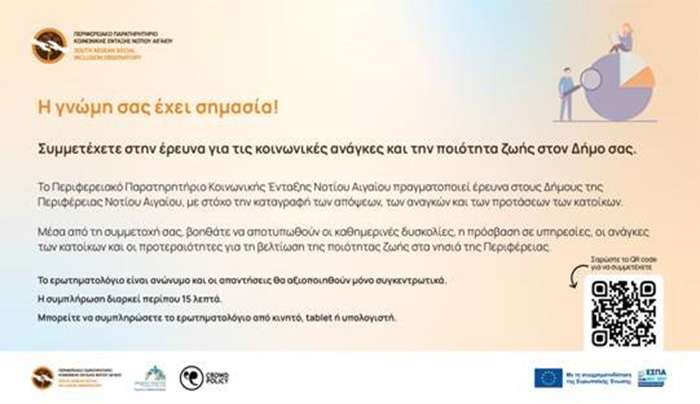 Διαδικτυακή έρευνα από το Περιφερειακό Παρατηρητήριο Κοινωνικής Ένταξης Νοτίου Αιγαίου